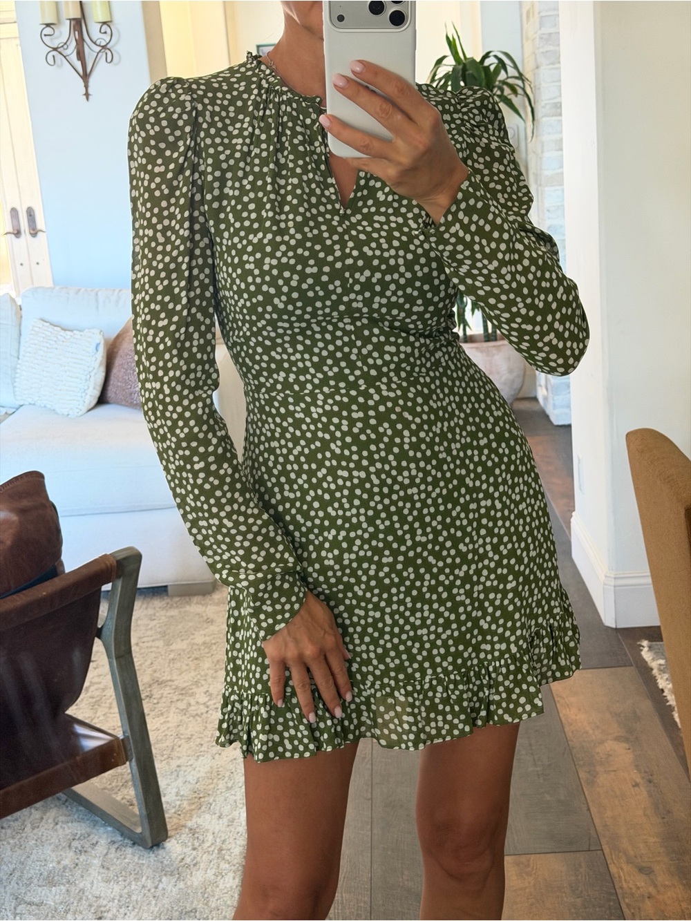 Reformation Marcy green dotted mini dress